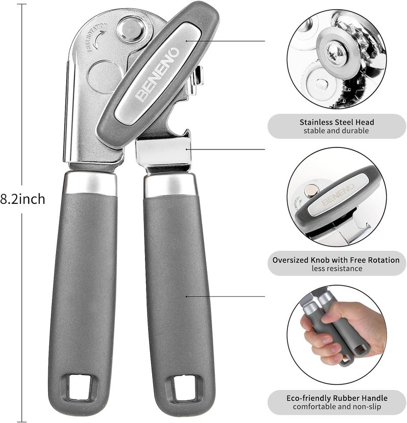 Beneno Heavy Duty Hand Can Opener Manual with Magnet, Durable Sharp Carbon Steel Blade Smooth Cutting, Big Effort-Saving Knob & Soft Grip Handle, Multifunctional Kitchen Tool with Bottle Opener, Gray - Image 2